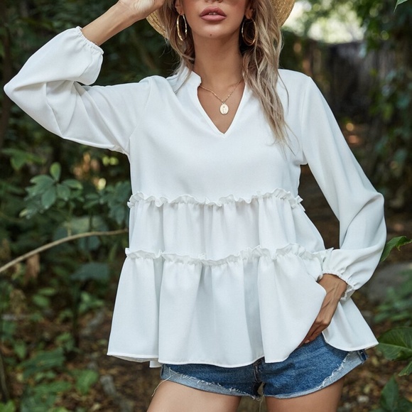 Boho Burgundy v neck ruffle babydoll Blouse Minimalist - Picture 13 of 14